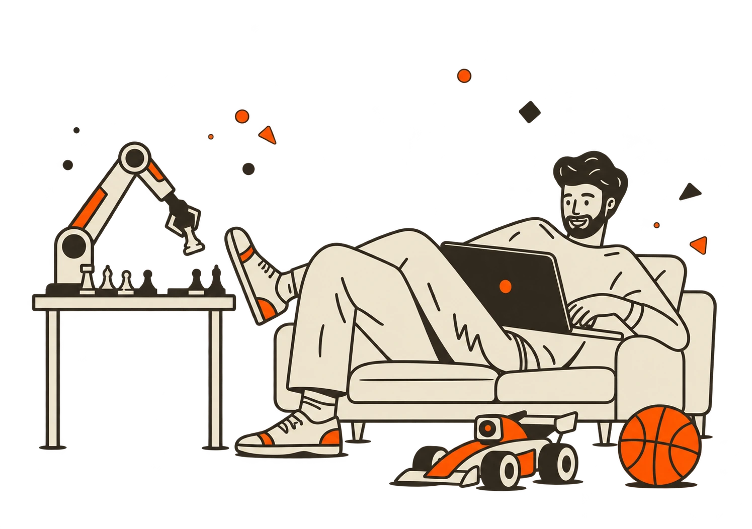 Relaxing with a laptop on a sofa beside a chess-playing robot arm, a basketball, and a small rover
