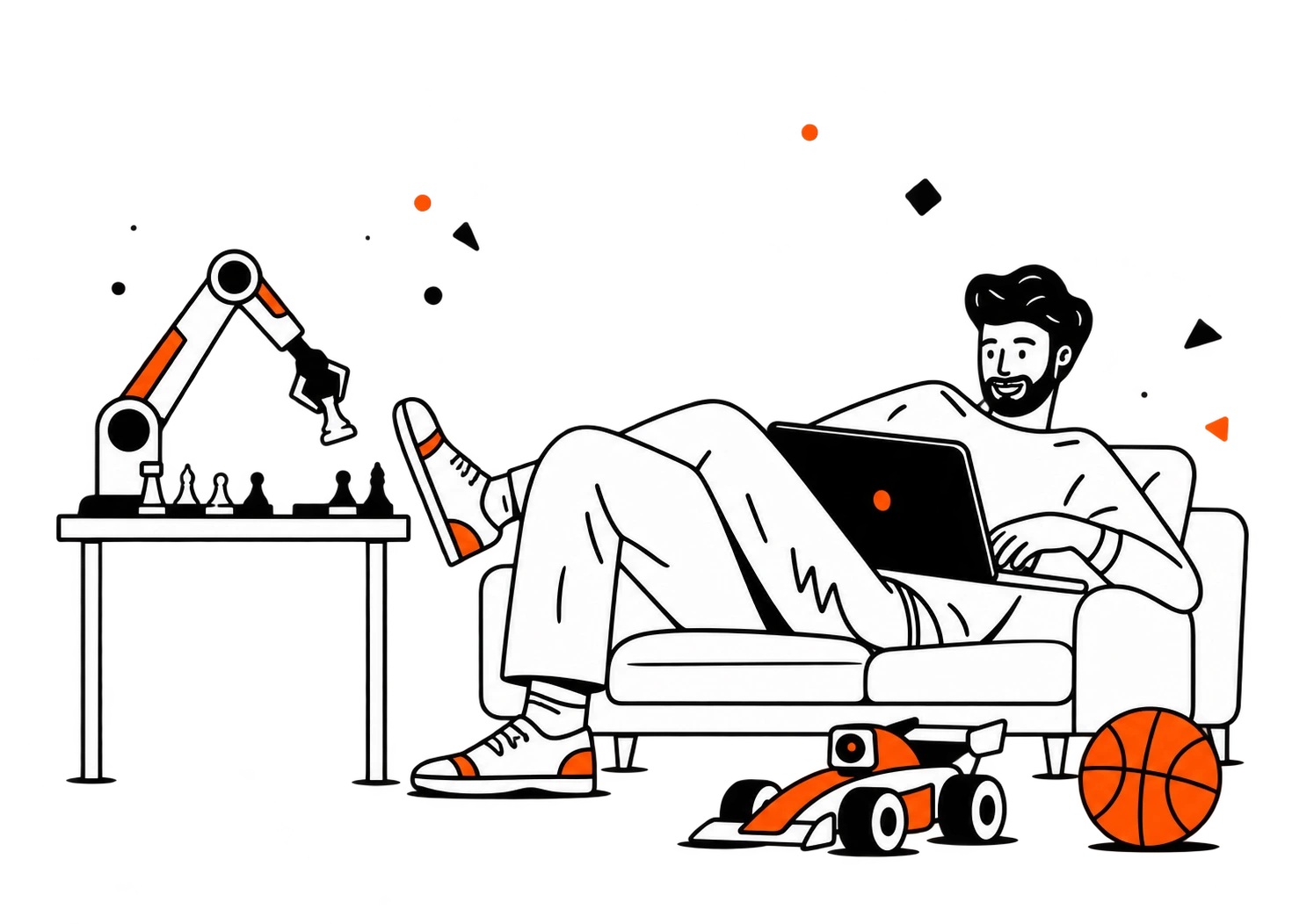 Relaxing with a laptop on a sofa beside a chess-playing robot arm, a basketball, and a small rover